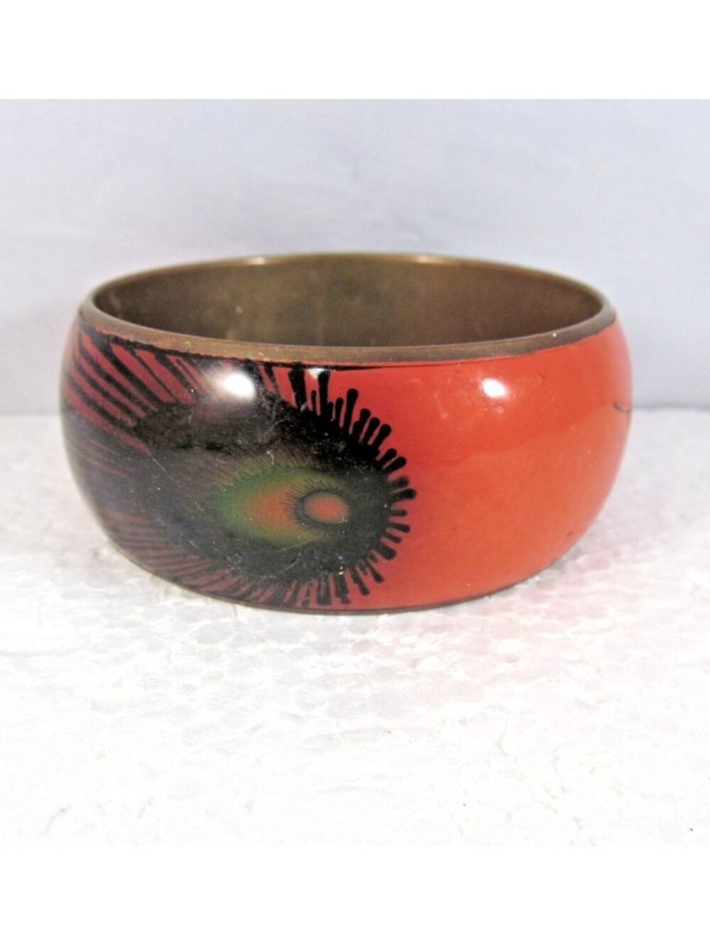 Vintage Wide Dome Painted Peacock Feather Resin Over Brass Bangle 8 inch